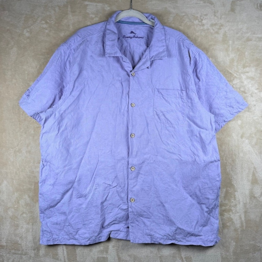 Tommy Bahama Mens XXL Purple 100% Silk Short Sleeve Button Down Camp Shirt Logo